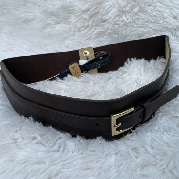 Linea Pelle LP Blue Women belt Brown Elastic Belt Gold Hardware Size US M/L new - Picture 1 of 12